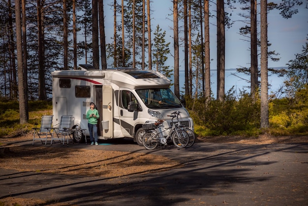 Family vacation travel RV, holiday trip in motorhome, Caravan car Vacation.