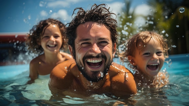 A family on vacation with children relaxing in the pool Active recreation Happy travels AI