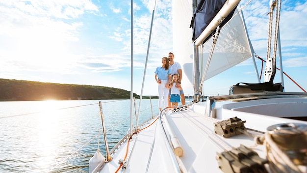 Vacanza in famiglia sullo yacht. genitori e figlia che si rilassano sulla barca a vela che naviga attraverso il mare nella soleggiata giornata estiva. panorama, copia spazio