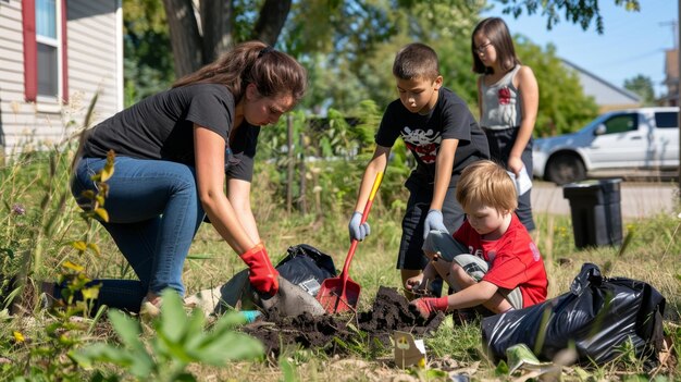 Foto volontariato di famiglia in una giornata di pulizia della comunità