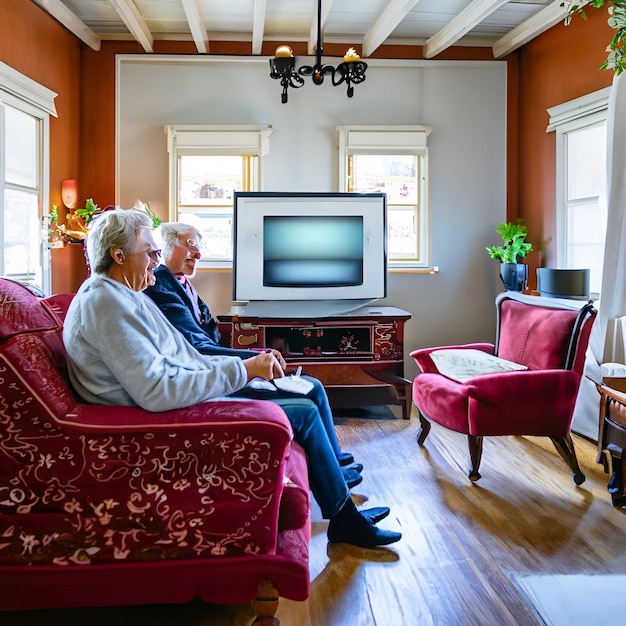 family waching television in the living room together