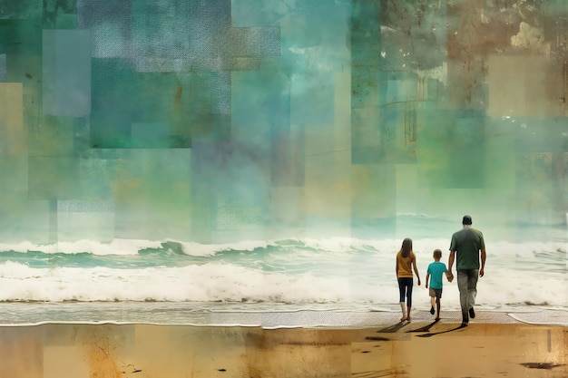 A family walking on the beach empty space