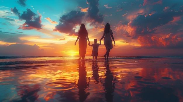 Family Walking on Beach at Sunset