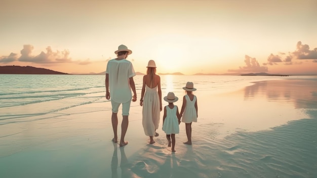 Family walking on a beach at sunset