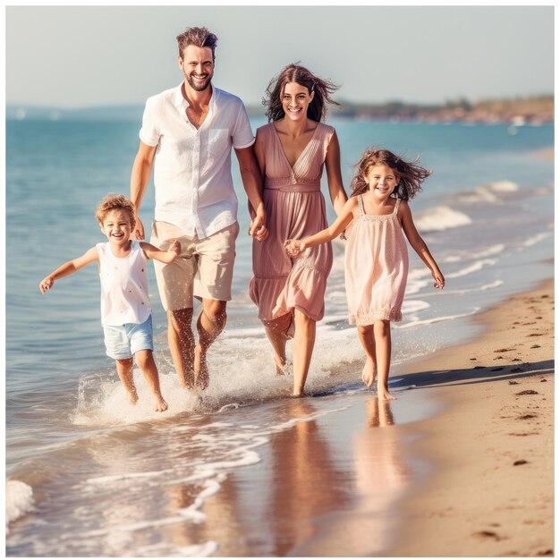 Family walking on the beach with the word love on the bottom