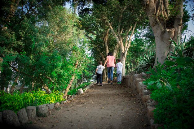 a family walking down a path with trees in the background