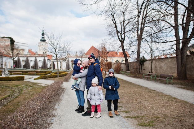Family walking at historical Mikulov Castle Moravia Czech Republic Old European town