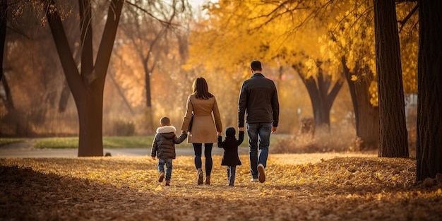 Family walking holding hands in park