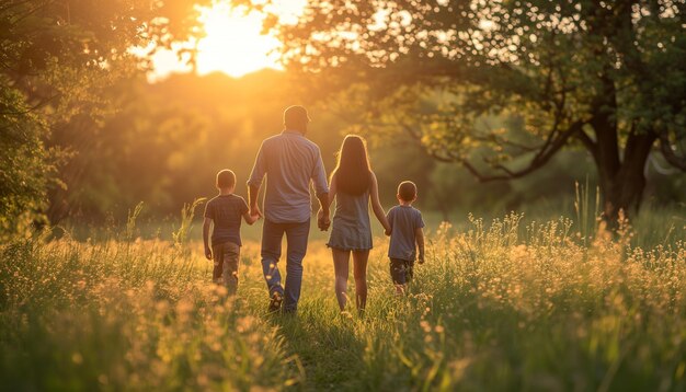 Family walking on a meadow at sunset