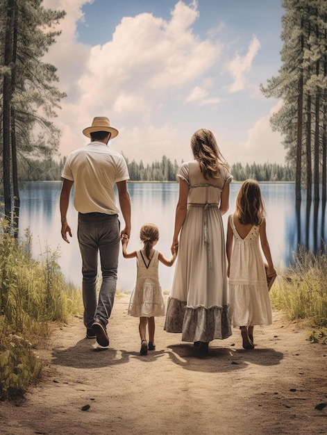 Family walking on a path by the lake