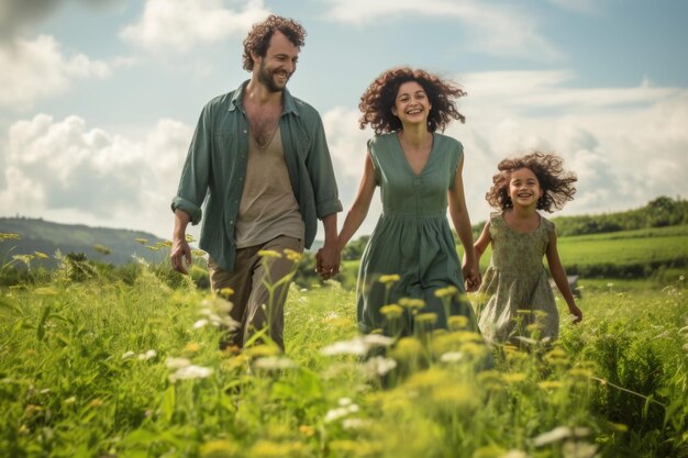 Foto famiglia che cammina per la campagna