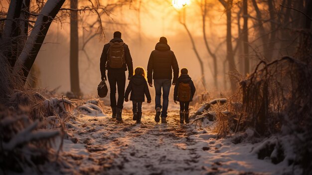 Family walking in winter forest