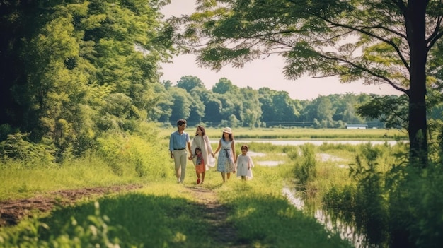 A family walks along a path in the woods