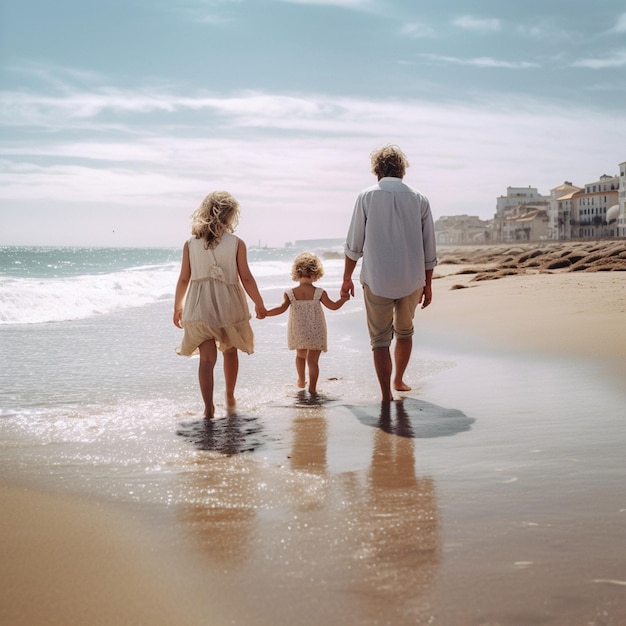 A family walks on the beach holding hands and the water is blue.