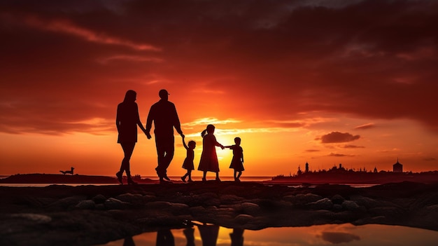 A family walks on a beach at sunset