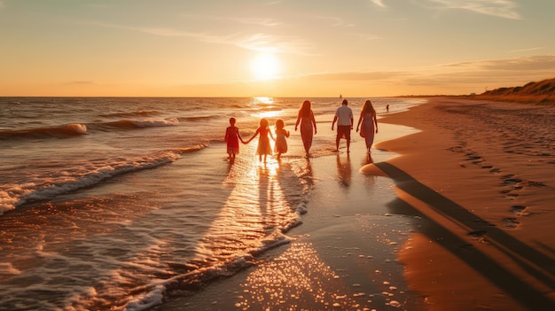 A family walks on the beach at sunset