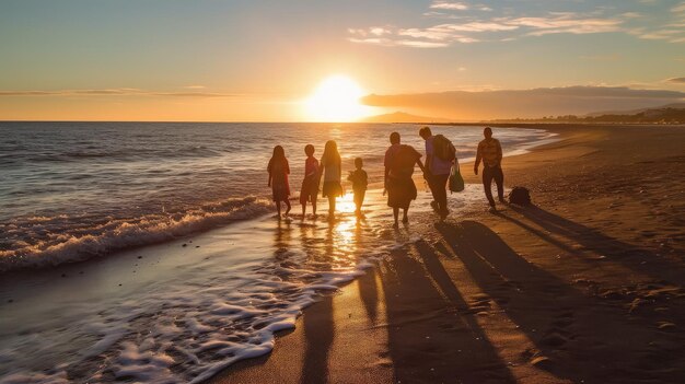 A family walks on the beach at sunset.