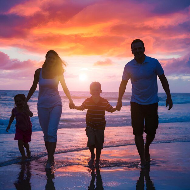 Photo a family walks on the beach with the sun setting behind them