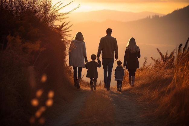A family walks down a dirt road towards the sunset.