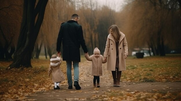 A family walks down a path in a park, the child is holding hands with the word family.