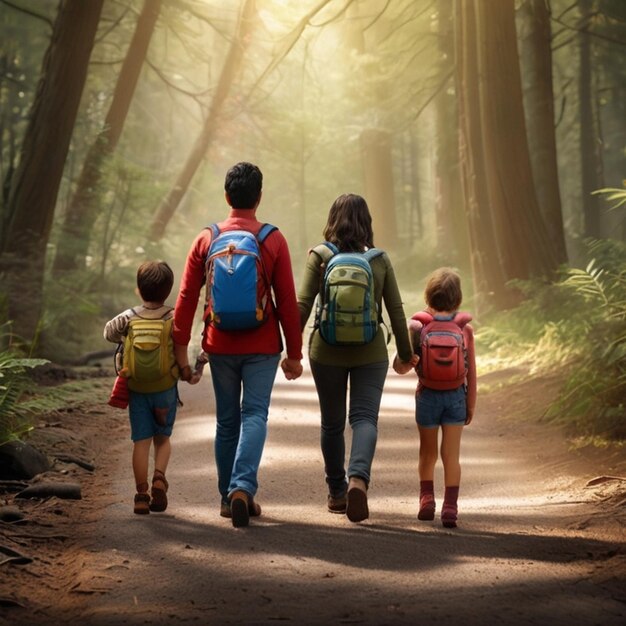 Photo a family walks down a path in the woods with their backpacks on