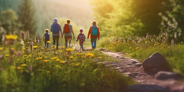 A family walks down a trail with a sunset in the background.