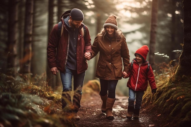 A family walks in the forest in the fall.