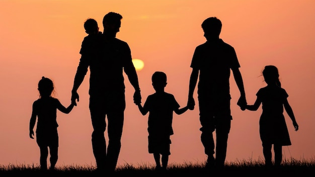 a family walks in the sunset with the sun behind them