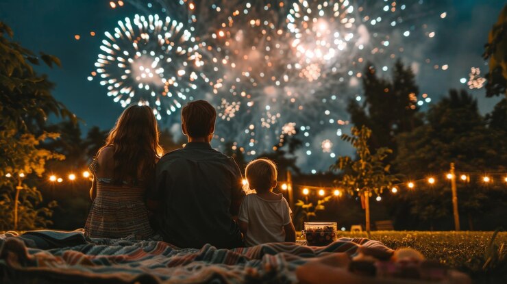 A family watching a 4th of July fireworks show from their backyard with blankets and snacks laid out