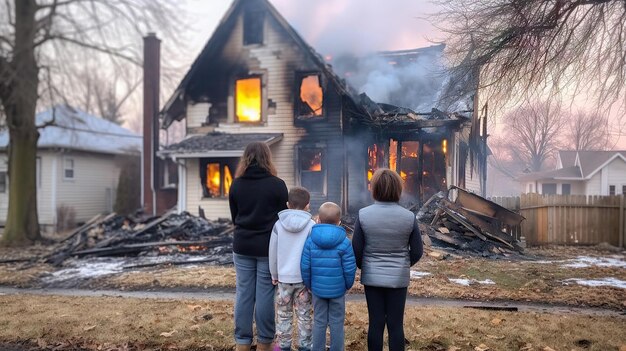 Photo family watching a burning house the concept of family problems generative ai