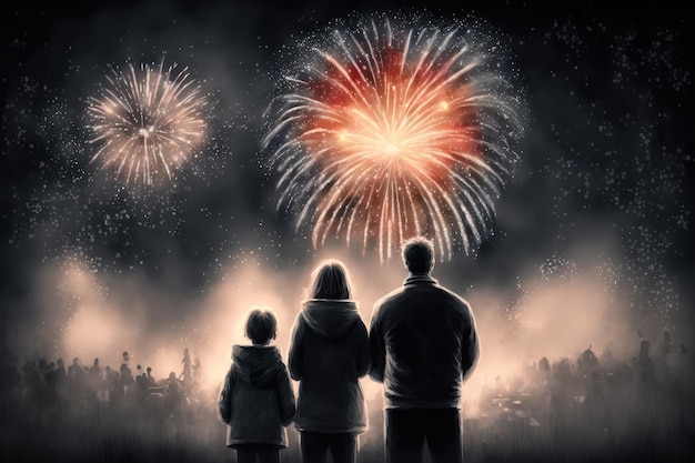 Family watching fireworks and celebrating happy new year