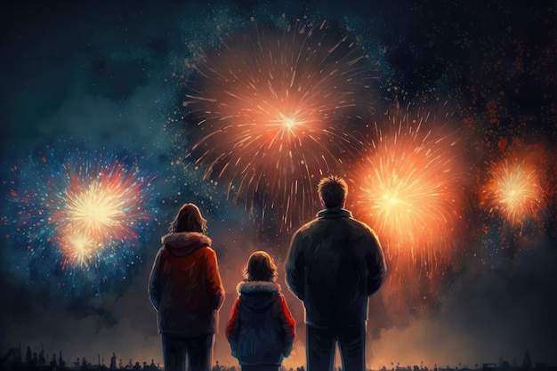 Family watching fireworks and celebrating happy new year