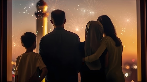 A family watching fireworks at the new year's eve celebration