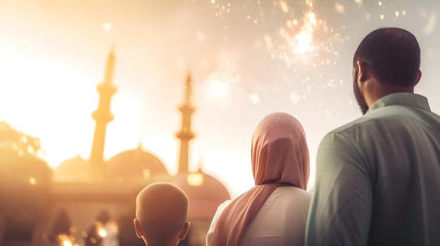 A family watching a mosque at sunset