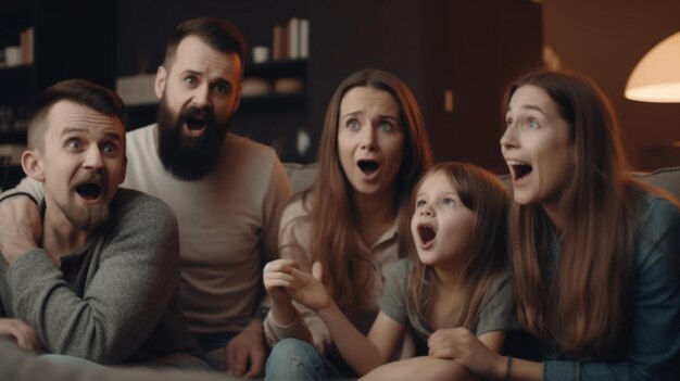 A family watching a movie on a couch