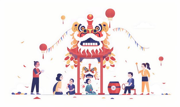 Photo family watching a traditional lion dance performance design lunar asian 2d flat art collage tshirt