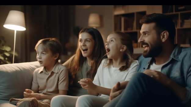 A family watching a tv in a living room