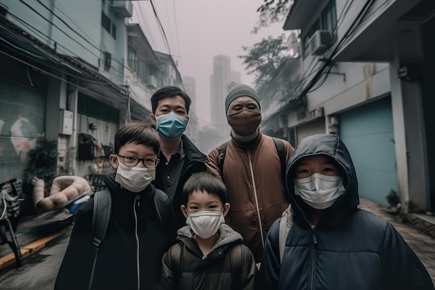 Family wearing face masks while standing on polluted air city street generative ai