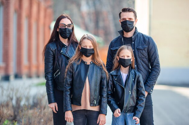 Family wearing masks to protect against Coronavirus and gripp