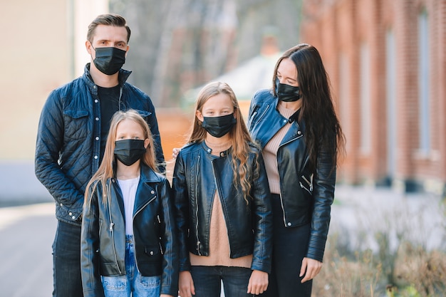 Family wearing masks to protect against Coronavirus and gripp