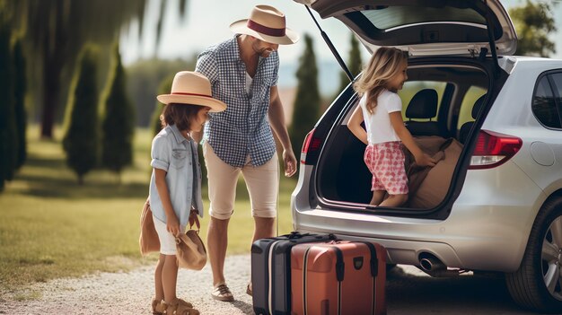 Family who load the car with luggage supplies and other gear in the driveway outside their home