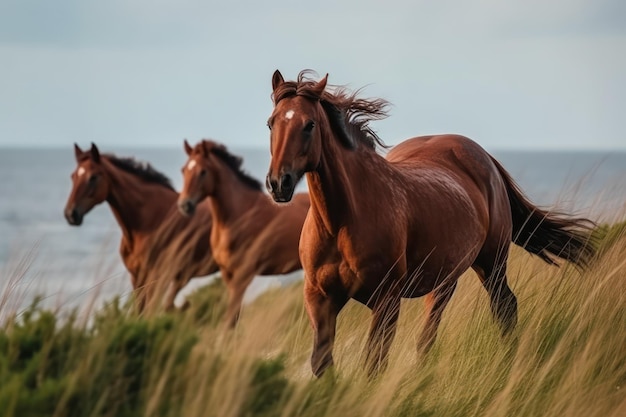 野生の草原の馬の家族生成ai