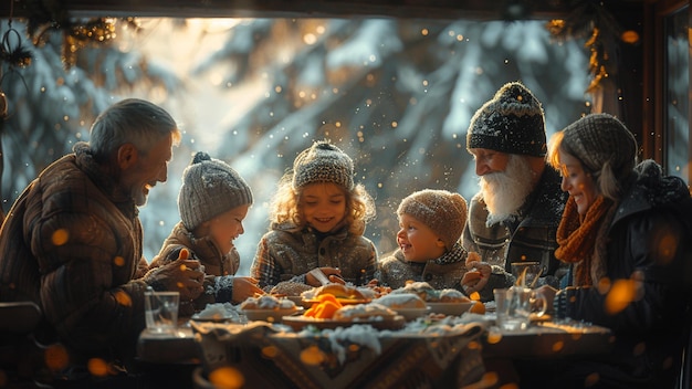 a family in winter clothes are looking at a fireplace with snowflakes on the branches