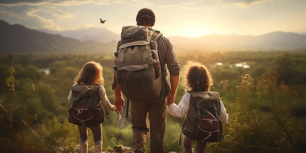 A family with backpacks traveling together viewed from behind a symbol of shared adventures and journeys AI Generative AI