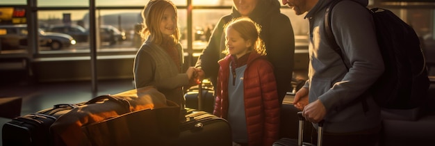 family with baggage suitcases in modern airport terminal relocating travel smiling