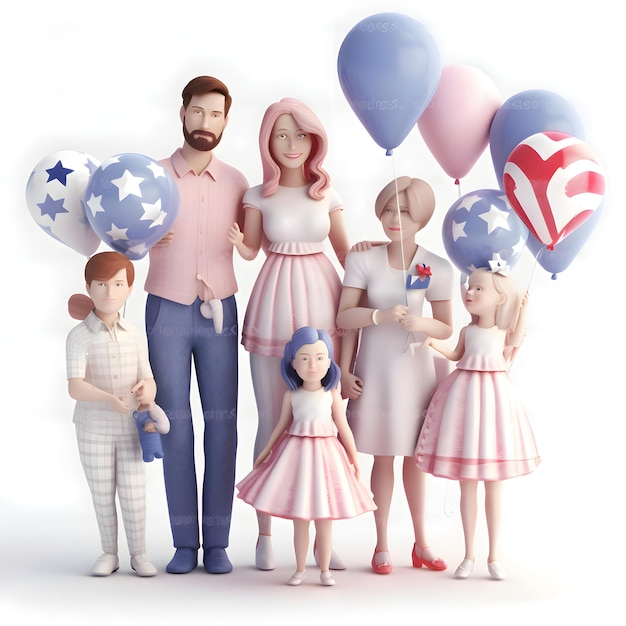 사진 미국 3d 그림의 풍선과 깃발이 있는 가족
