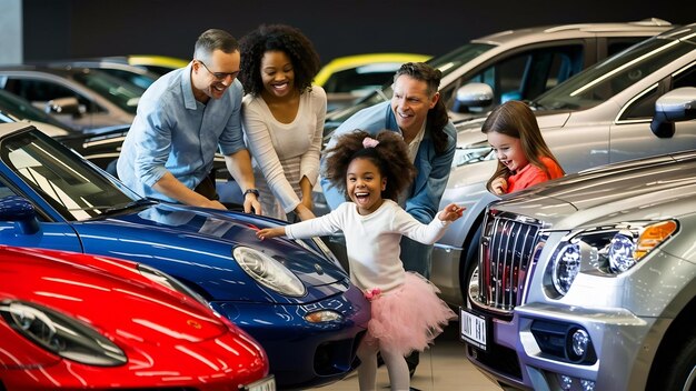 Family with bbay girl choosing a car in a car saloon