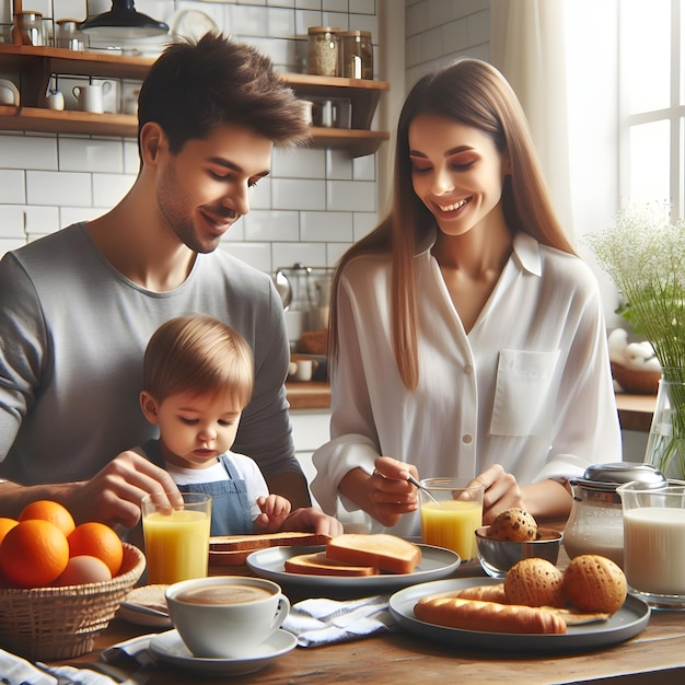 Фото Семья с ребенком на кухне, завтракающая