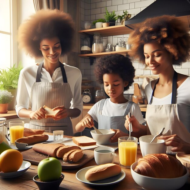 Foto famiglia con un bambino in cucina che fa colazione