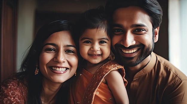 Семья с ребенком улыбается в камеру